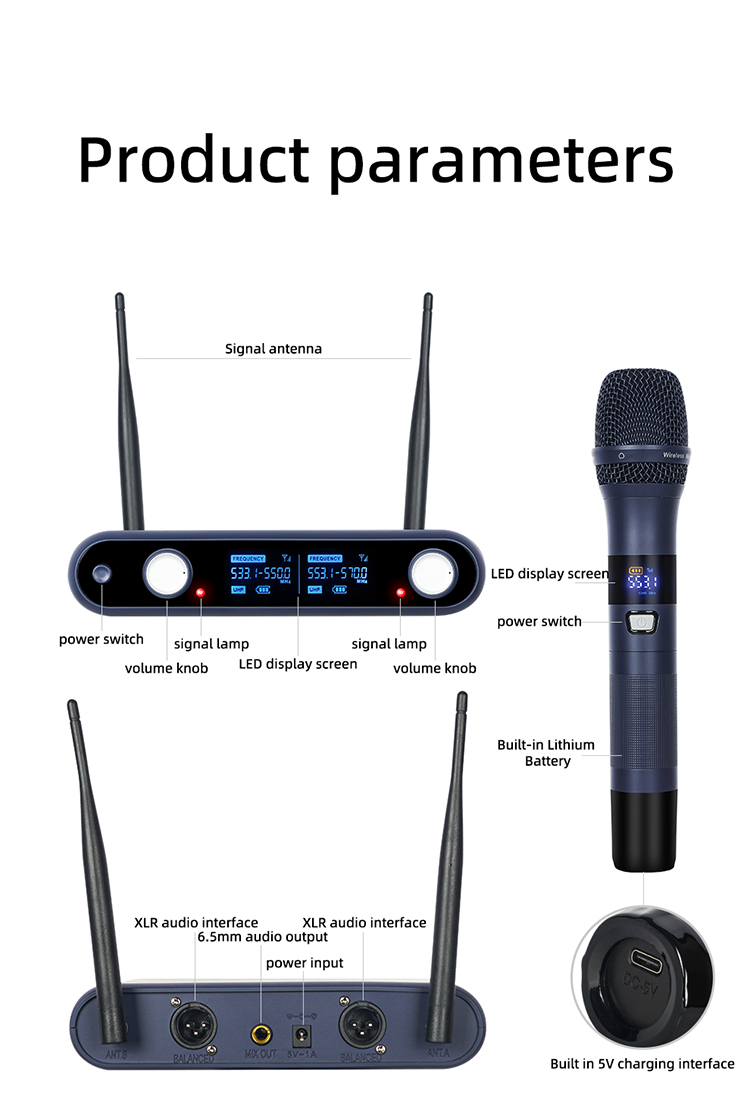 Professional UHF Karaoke Wireless Condenser Microphone System Auto Mute Handheld Mic with 120dB for Family Karaoke Performance
