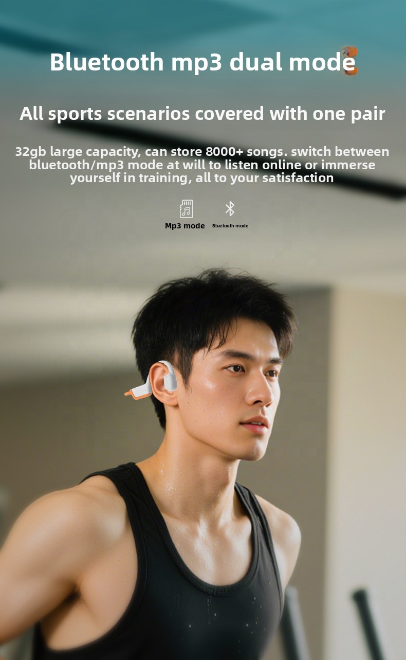 Sports Headphones Bone-Conduction Lightweight 32GB IP68 Waterproof Swimming Open-Ear BT MP3 Ear-Hook Push-Button Control
