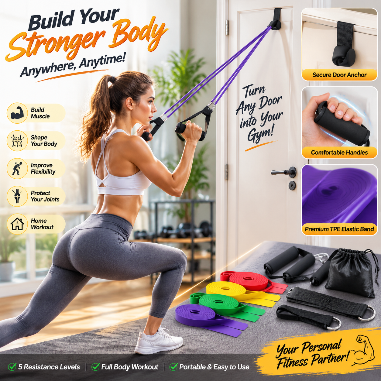 TPE Resistance Band Set Latex Free 5 Level Exercise Elastic Bands for Pull up Assist Yoga Fitness Custom Logo Wholesale