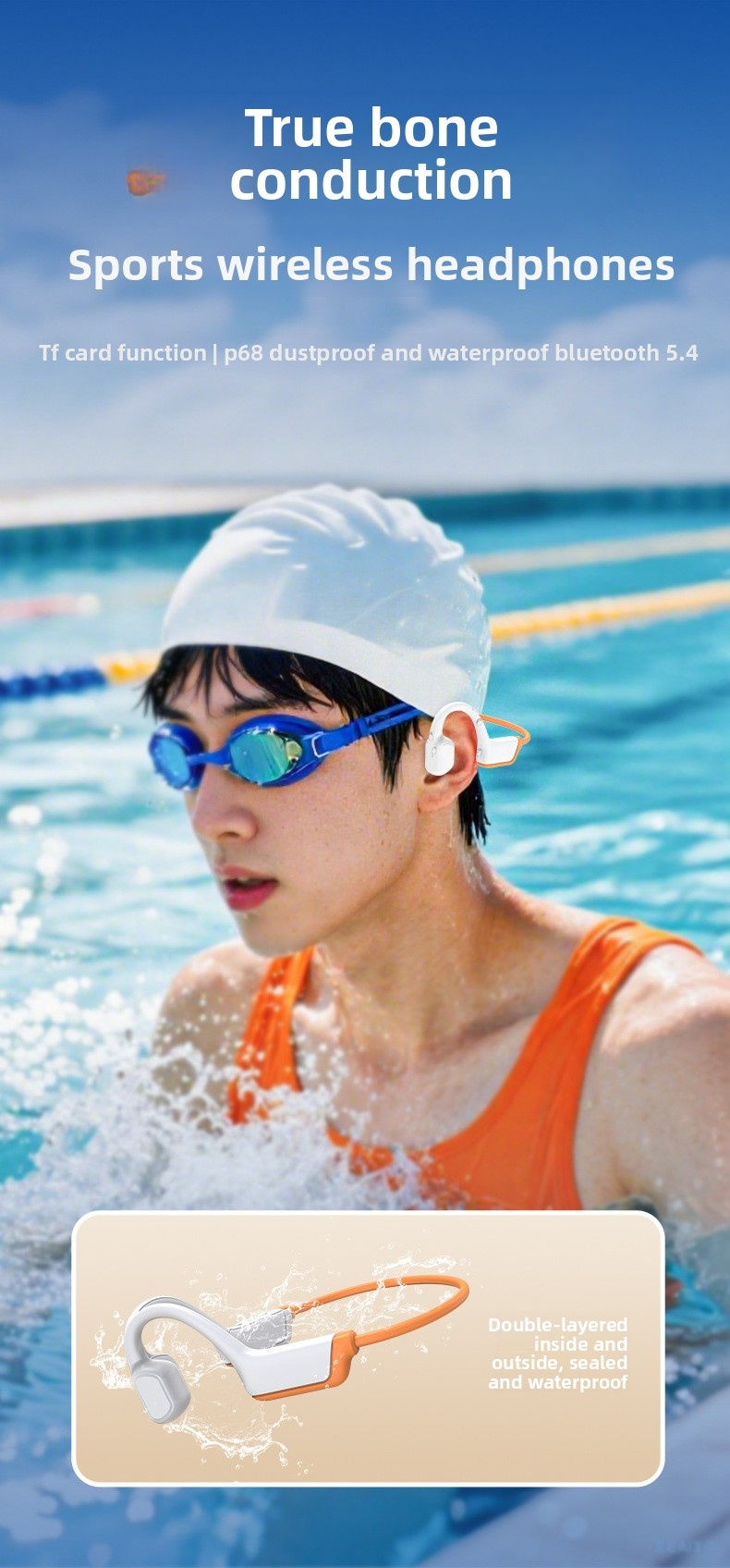 Sports Headphones Bone-Conduction Lightweight 32GB IP68 Waterproof Swimming Open-Ear BT MP3 Ear-Hook Push-Button Control