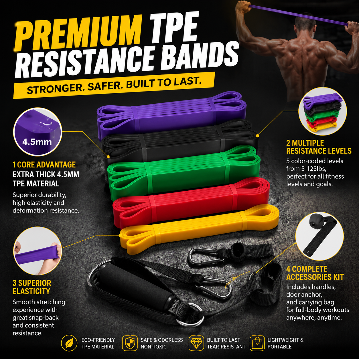 TPE Resistance Band Set Latex Free 5 Level Exercise Elastic Bands for Pull up Assist Yoga Fitness Custom Logo Wholesale
