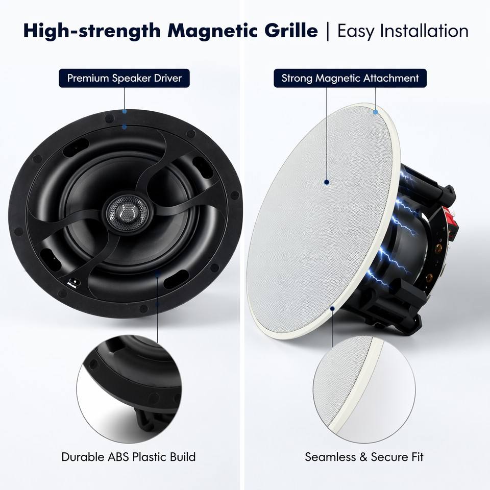 Wi-Fi Ceiling Speaker, Suitable for Apartments, Offices, Bars &amp; Shops, Magnetic Grille, Customizable Bluetooth Connection