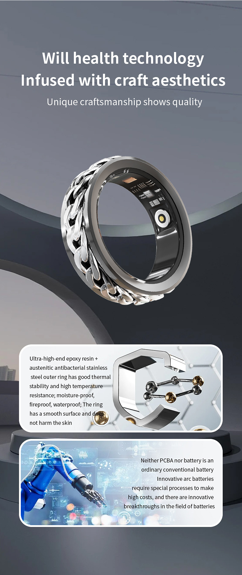 Smart Ring Diamond Design IP68 Waterproof Stainless Steel Health Tracker Heart Rate SpO2 Sleep Monitor Model X15 Sports Tracking