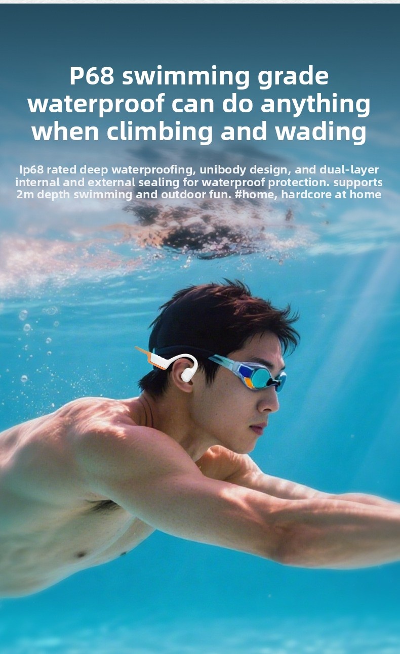 Sports Headphones Bone-Conduction Lightweight 32GB IP68 Waterproof Swimming Open-Ear BT MP3 Ear-Hook Push-Button Control