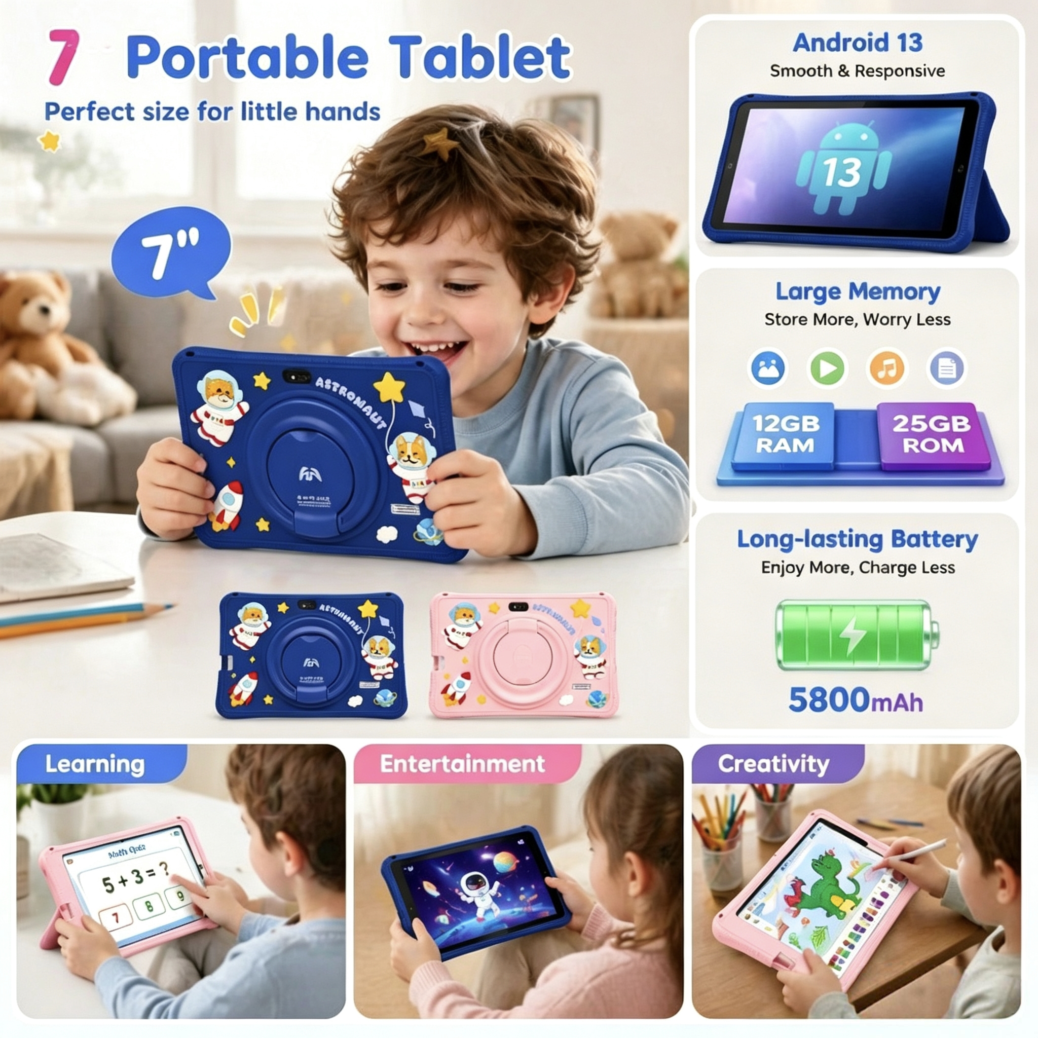 Super Cheap High Quality 7Inch Kids Tablet 12+256GB Android13 Qualcomm8916 Quad-Core Capacitive Screen WiFi Learning Games Photo